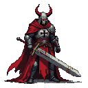 Fallen Templar Knight possessed by a demon, wearing tarnished silver armor and tattered crimson robe with a black Templar cross. Crimson horns sprout from his helmet. He wields a massive, rust and blood-stained broadsword.