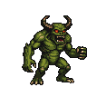 Green-skinned demon with glowing red eyes, curved horns, bared teeth, and a clawed hand, in a menacing pose.