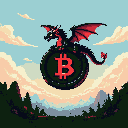 Black and red dragon perched on a Bitcoin coin, wings spread against a peachy sky, with silhouetted trees and mountains below.