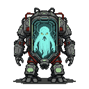 Translucent blue ghost with glowing yellow eyes inside a dark, metallic mech suit with red accents and glowing green panels.