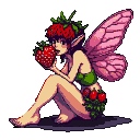 Pixel Art: pixie with wings eating huge strawberry (generated with AI and edited by sandacz).