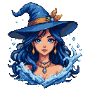 Sea witch with cerulean hair and blue eyes emerging from a water vortex, wearing a blue witch's hat with a golden feather and a blue pendant necklace.