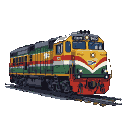 Multi-colored train engine with yellow, green, and red livery and white chevron accents on a black background.