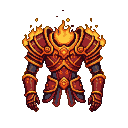 A formidable set of pixel art armor, glowing with molten heat and fiery energy. The deep red chest piece and pauldrons feature intricate, ember-like orange and yellow accents, with ornate flame ornaments on the shoulders and chest. Gauntlets and vambraces match the imposing silhouette.