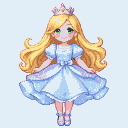 Ethereal princess with flowing golden hair, emerald eyes, and a tiara, wearing a glittery pastel blue dress with star patterns.