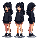 Pixel Art: 请生成一个20岁女孩全身的三视图，她是广州人，黑色头发，穿着黑色卫衣和棕色裤子