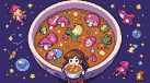 Young girl with brown hair and wide eyes sips from a large, steaming bowl of magical mushroom soup filled with pink-capped mushrooms and shimmering bubbles, surrounded by dancing whimsical figures against a star-dusted purple background.