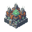 Isometric nuclear computer machine with a glowing green core, orange conduits, grey blocky components, and warning symbols including a radiation hazard sign.