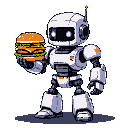 Pixel Art: A robot holding a burger (generated with AI by Arv Ü).