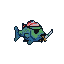Pixel art pirate fish with red bandana and cutlass.
