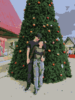 Couple embracing in front of a pixelated Christmas tree with orange ornaments.