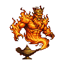 Pixel Art: fire djinn with crown exiting classical gold lamp