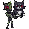 Pixel Art: masked weird character holding cat boss