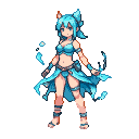 A pixel art water elemental girl with cyan and turquoise coloring, wearing a flowing outfit and adorned with bands on her arms and legs. Wisps of water trail from her fingertips and waist.