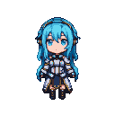 Adorable chibi character with flowing cyan hair, large blue eyes, and futuristic white, grey, and dark blue armor with golden headphones.