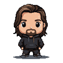 Stylized character with a large head, long brown hair, short beard, wearing a dark grey hoodie and sweatpants, standing against a transparent background.