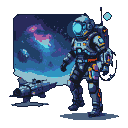 Pixel Art: complex sci-fi space explorer in advanced exo-suit with glow...