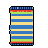 Beach towel with bright blue and yellow stripes, bordered by red and green stripes.