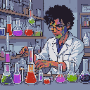 Scientist with multi-hued skin, dark curly hair, and glasses in a lab coat, working with bubbling beakers and test tubes.