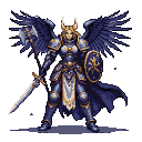 Warrior in dark blue and gold power armor with majestic wings, holding a sword and shield with a sunburst emblem.