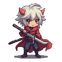 Chibi warrior with white and red hair, crimson eyes, devil horns, and a red cloak, holding a katana.