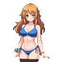 Young woman with auburn hair in a blue bikini, hand on hip.