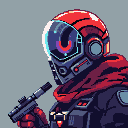 Lone figure in futuristic red and dark gray suit with red scarf, holding a compact weapon. Helmet has a reflective blue and purple visor.