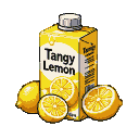 Yellow "Tangy Lemon" carton surrounded by fresh whole and sliced lemons.