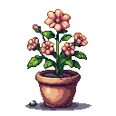 A blooming flower pot with soft pink blossoms and lush green leaves.