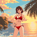 Young woman in a red bikini posing confidently on a beach at sunset with palm trees.