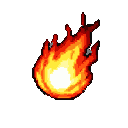 A glowing orb of jagged pixelated flames, transitioning from white at the core to orange and red, against a black background.