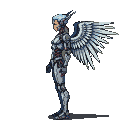 Full-body side view of a cyber angel with metallic armor, crimson circuitry, and spread feathered wings, wearing a helmet with organic and mechanical elements.