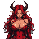 Red-skinned demoness with large curved horns and fiery red hair, looking confidently forward.