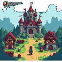 Lone hero on path to imposing castle with red roofs, flanked by rustic houses.