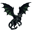 A dark, silhouetted feline creature with large, leathery dragon wings and glowing yellow eyes.
