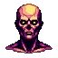 A gaunt, skeletal face with piercing green eyes, rendered in a retro gaming style with a limited color palette.