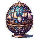 Ornate Fabergé egg with deep blue and teal oceanic design, featuring golden filigree floral motifs. Miniature sailing ships are visible within its transparent shell, with a luminous pearl at its center.