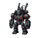 A hulking, heavily armored killer robot with glowing crimson vents and optical sensors, featuring multiple cannons mounted on its back.