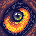 A vibrant eye with a swirling golden yellow and emerald green iris, a deep black pupil reflecting sharp white glints, surrounded by fiery orange and red textures.