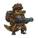 Pixel Art: pirate crocodile holding minigun (generated with AI and edited by sandacz).