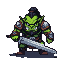 Orc warrior with green skin, dark armor, and a menacing helmet, holding a pixelated sword, viewed from directly above.