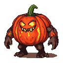 A colossal, orange pumpkin monster with a grinning mouth full of sharp teeth, glowing yellow eyes, and stony arms and legs textured like earth with erupting lava.