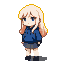 Young chibi girl in a dark blue hoodie and grey skirt, game sprite.