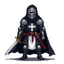 Templar Knight in dark tunic with white Christ cross, gleaming armor, full helmet, dark cape, red sash, and sword.