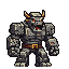 A minotaur with a body of grey stone blocks, sharp golden horns, and glowing crimson eyes. It wears a brown belt with a golden buckle.