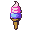 Multi-layered ice cream cone with pink, blue, and purple scoops in a golden-brown cone.