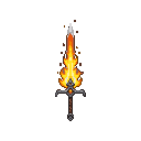 A pixelated sword engulfed in licking orange and yellow flames.