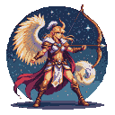 Majestic winged figure in golden armor and crimson cape, drawing a bow and arrow against a star-dusted night sky.