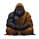 A gorilla in a saffron robe sits in a meditative pose with hands clasped in its lap.