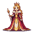 Regal queen in a crimson gown with white fur trim and golden embroidery, wearing a golden crown, holding a gem-tipped scepter.